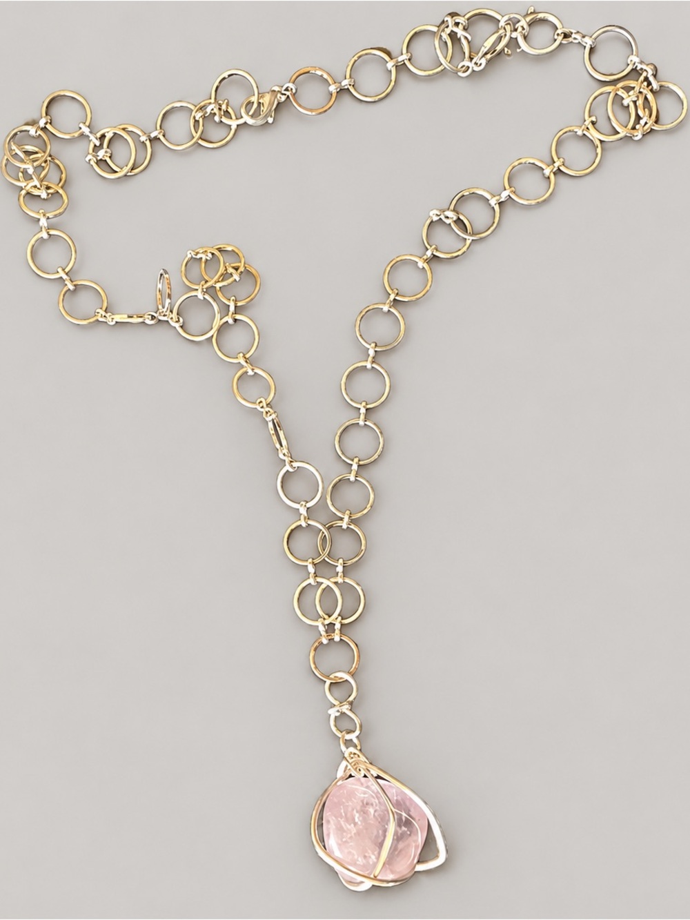 Rose Quartz Wire Wrapped Pendant Necklace Silver Tone Boho New Handcrafted